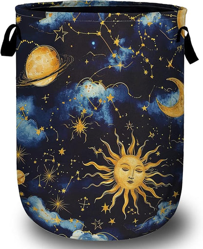 Sun Moon Laundry Basket, Foldable Cloudy Starry Night Laundry Hamper Tote Bag