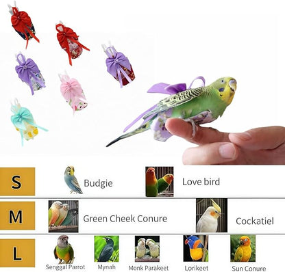 6pcs Bow Bird Diaper Set, Soft Reusable Flight Suit Clothing for Parrots Budgies Cockatiels — Cleaner Indoor Bonding & Training(S)(L)