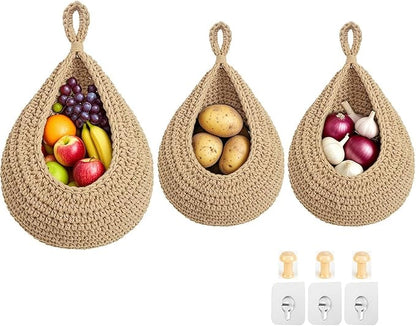 Halidali Hanging Fruit Baskets for Kitchen, 3 Pack Boho Cotton Rope Handwoven
