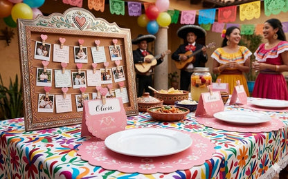 LPMingjia Cielito Lindo Mexican Fiesta Table Decor Kit, 150 Pcs Disposable Pink Scalloped Round Paper Placemats 50 Place Cards with Wooden Clips for Bridal Shower, Wedding, Cinco de Mayo