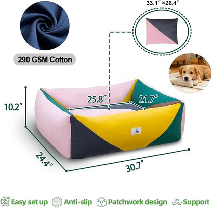 Cotton Canvas Dog Bed, Pink Dog Bed Medium Size Dog, 30"x25"x10" Puppy Bed with Washable Removable Cover, Durable 290 GSM Cotton Anti-Chewing Pet Bed with Anti-Slip Bottom, Pink&Yellow&Green
