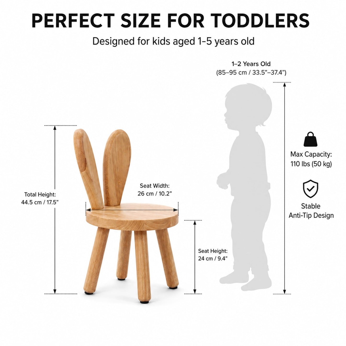 HuiBeans Bunny Chair for Ages 1.5-4 - Small Toddler Wooden Chair with 9.25" Seat Height, Solid Wood Rabbit Stool for Nursery, Playroom & Low Tables, Mini Kids Furniture - 1 Pack