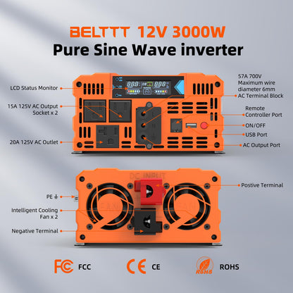 BELTTT 3000W Pure Sine Wave Inverter 12V DC to 120V AC for Solar, Off-Grid, RV, Truck, Home, Power Inverter with Dual AC, 20A Socket, 5V 2.1A USB, Hardwire Port, Remote Controller 23Ft Cable