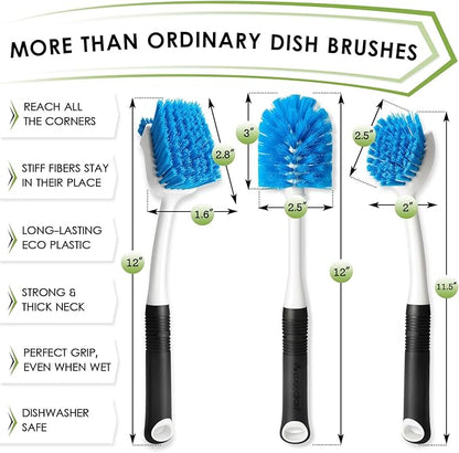 Dish Brush Set of 3 with Water Bottle Brush, Dish Scrub Brush and Scrubber Brush