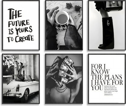 Trendy Black and White Wall Art Luxury Money Hair Rollers Girl Posters High Heels Motivational Quotes Home Decor for Bedroom Living Room Dormitory Modern Aesthetic Pictures Unframed 8x10 Inch