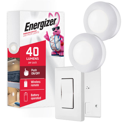 Energizer LED Puck Lights, Wall Switch Remote, 2 Pack, Battery Operated, Under Cabinet Lighting, Wireless Lights, 50 ft Range, Perfect for Kitchen Under Cabinet, Laundry Room, and More, 58822-T1
