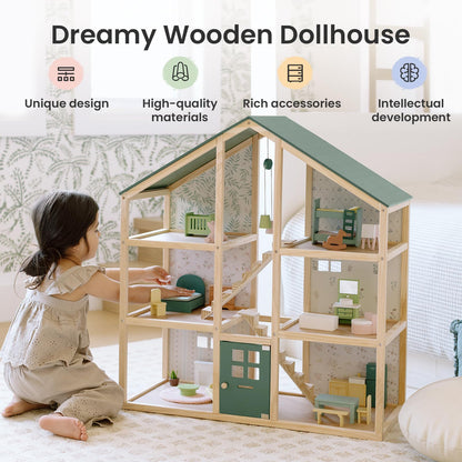Tiny Land Wooden Dollhouse，Wooden Dollhouse Animal Set