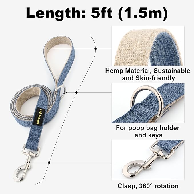 Plutus Pet Cotton Hemp Dog Collar and Leash Set, Adjustable Collar for Small, Medium, and Large Dogs, Heavy Duty and Soft on Skin, Haze Blue, L