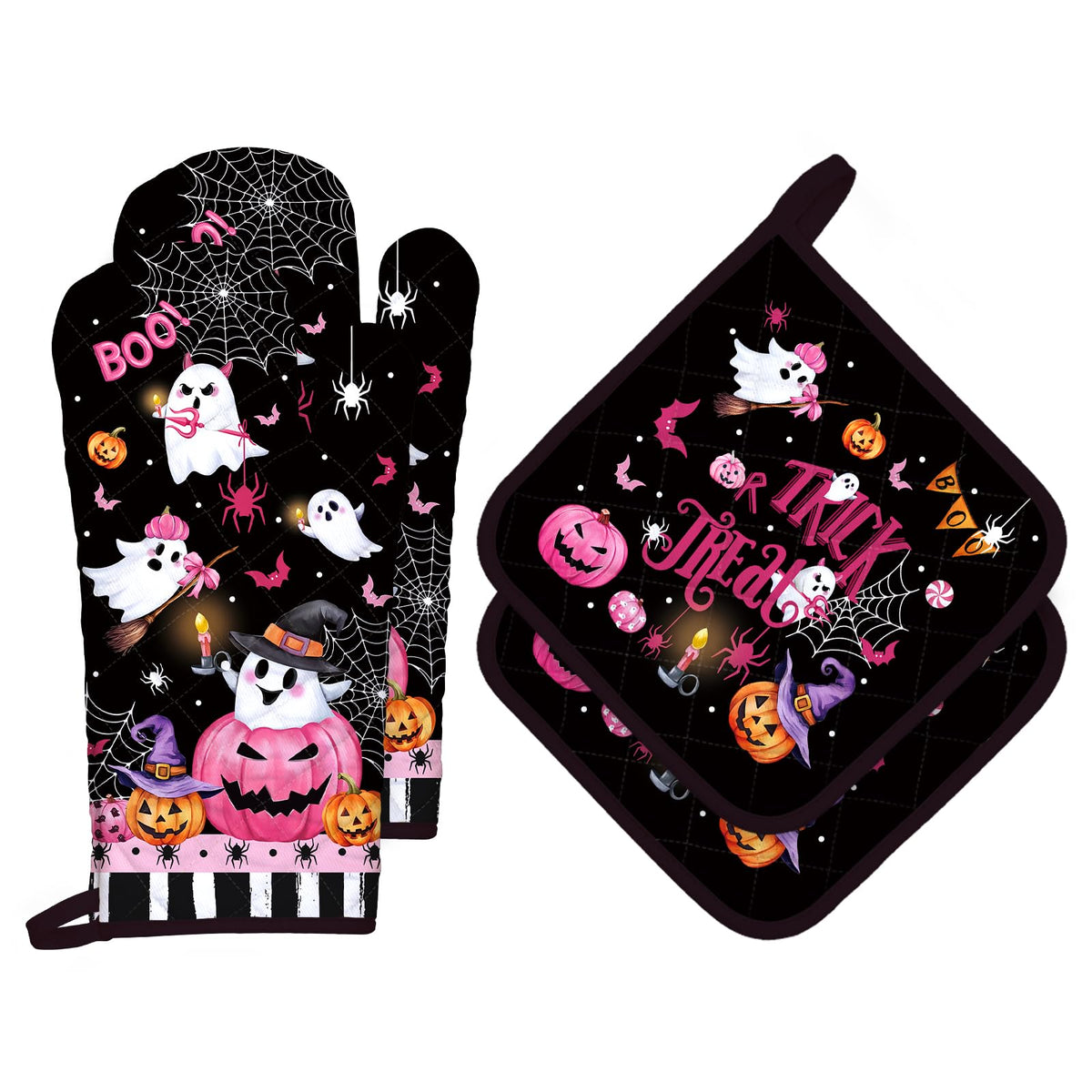 Arquiel Halloween Boo Pink Pumpkin Oven Mitts and Pot Holders Sets 4Pcs, 100% Cotton Heat Resistant, Extra Long Oven Gloves Potholder for Kitchen Cooking Baking Decoration