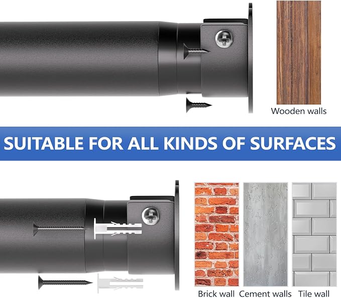 SUTINE Closet Rods for Hanging Clothes, 17 to 83 Inch Closet Rod, Heavy Duty Adjustable Clothes Hanging Bar Rod Matte Black Closet Poles for Wardrobes, Closet, Bathroom, Windows,1.3 Inch Diameter