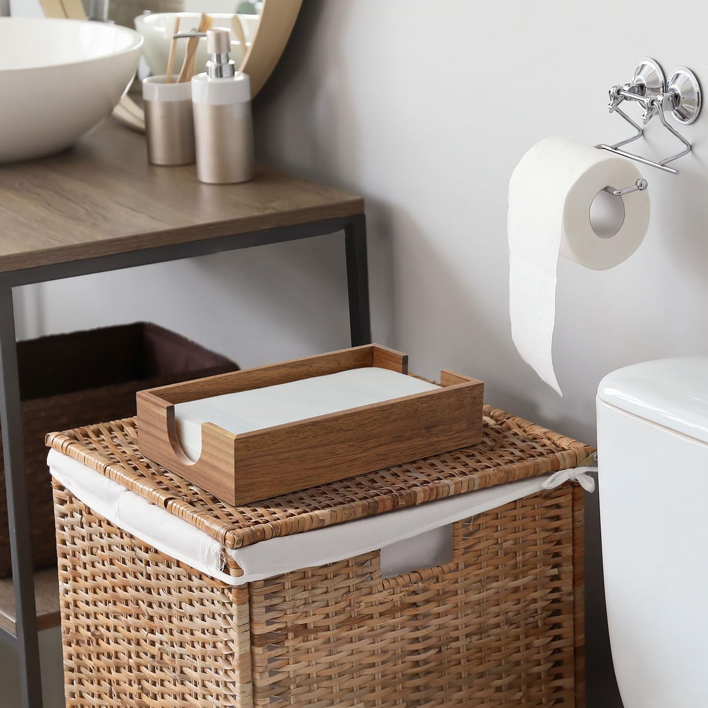 Napkin Holder for Bathroom, Acacia Wooden Guest Towel Holder Tray for Bathroom Bundle Mouthwash Dispenser for Bathroom, 16 OZ Glass Mouthwash Dispenser with Pour Spout and Acacia Wood Cup Holder