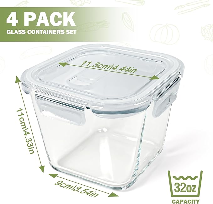 Soup Containers with Lids Glass 32 oz, 4 Cup Borosilicate Glass Food Storage