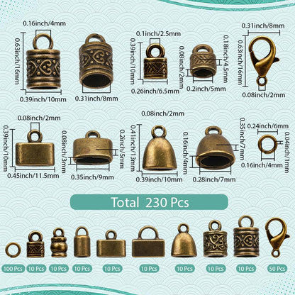 SUNNYCLUE 1 Box 230pcs Cord End Caps Kit Kumihimo Ends Alloy Metal Tibetan Style Antique Bronze Tassel Glue in Crimp Leather End Caps for Jewelry Making Kit Bracelet Kumihimo Supplies Gifts Craftings