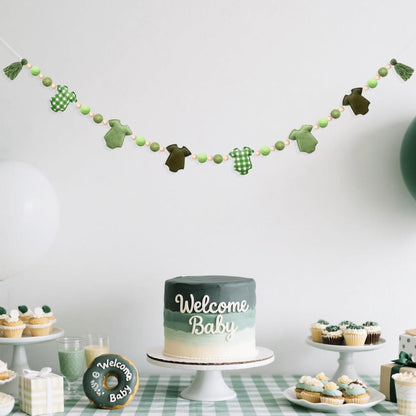 Sage Green Plaid Baby Clothes Decorations Pre-Strung Handmade Felt Baby Clothes Wooden Bead Wool Felt Ball Banner Garland for Neutral Gender Reveal Baby Shower Party Nursery Fireplace Home Decor