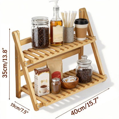 Winmist Glimpse Wooden Matcha Station Shelf, 2 Tier Natural Finish Bamboo Countertop Organizer, 15.7x13.8x7.5 Inch Coffee Bar Display Stand for Mugs, Condiments, Tea & Kitchen Accessories