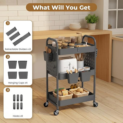 danpinera 3 Tier Rolling Cart with Retractable Dividers, Multi-Functional White Rolling Utility Cart with Pegboards, Hooks & Hanging Cups for Nursery, Living Room, Studio