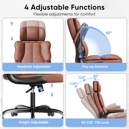 Kensaker Ergonomic Executive Office Chair with Adjustable Headrest & 90° Flip-Up Arms, High Back PU Leather Computer Desk Chair with 135° Rocking & Double Padding for Home Office Comfort, Brown