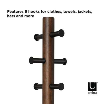 Umbra Pillar Coat Rack, Stool, Clothing Organizer, Umbrella Holder and Hat Organizer, Great for Entryway, Black/Walnut