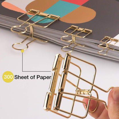 18 Pcs Gold Wire Binder Clips and 20 Pcs Cute Paper Clips Set Assorted Sizes, 2 Big 6 Medium 10 Small Smooth Steel Hollow Office Clamp Clips