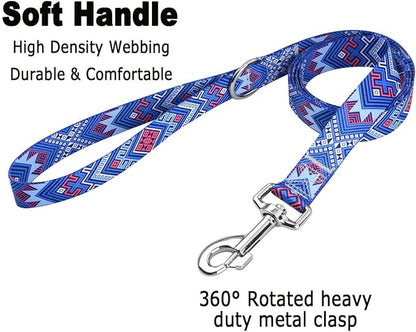MarukoPet Dog Collar and Leash Set, Adjustable for Small Medium Large Dogs Puppy, Cute Design with Bohemia Floral Tribal Geometric Patterns Boys Girls Dog Collar(Blue Ethnic Style Set,M)