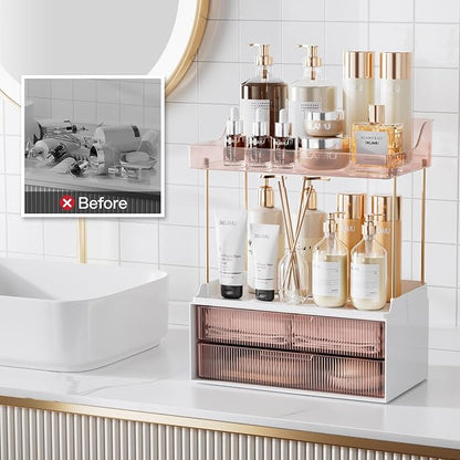 Delamu Bathroom Organizers and Storage, 2 Tier 2 Drawer Makeup Organizer Countertop, Easy to Install, Ideal for Bathroom Counter, Vanity, Ideal Gifts for Women Girls, Grapefruit