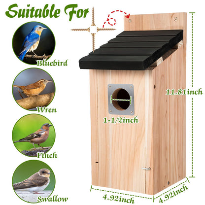 Dreyoo 2 Pack Bluebird Box Houses for Outside,1-1/2'' Entrance Hole Wooden Bird Houses with Metal Guard, Secure Latch,Fledgling Grooves,Air Vents for Bluebird Wren Swallow(Dark Wood)