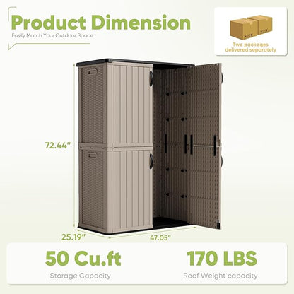 Devoko Outdoor Storage Cabinet 50 Cu Ft with Lockable Doors, Vertical Storage Shed Waterproof Patio Tools Storage Box for Sofa Cushions, Gardening Tools and Accessories (Beige)