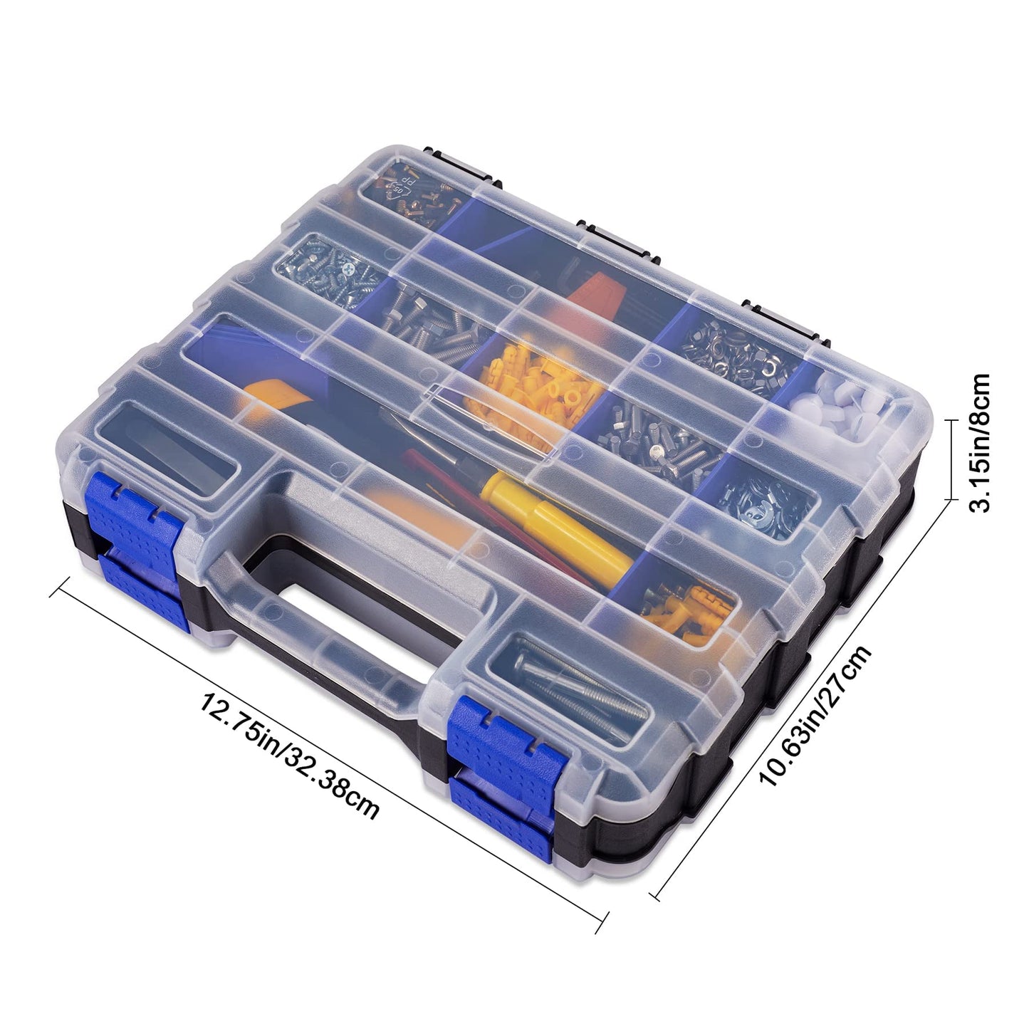 Hardware Organizer Box with 34 Compartments & Removable Dividers - Durable Plastic Double Side Tools Box for Nuts, Bolts, Screws, Nails & Small Hardware (Blue)