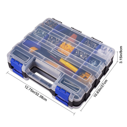 Hardware Organizer Box with 34 Compartments & Removable Dividers - Durable Plastic Double Side Tools Box for Nuts, Bolts, Screws, Nails & Small Hardware (Blue)