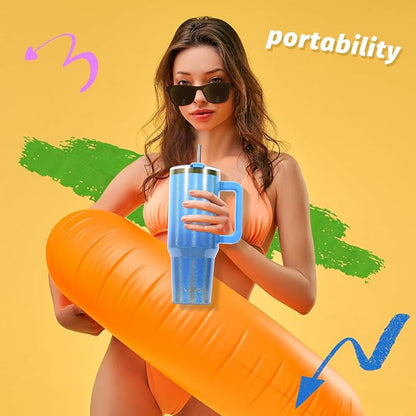 40 oz Shiny Tumbler with Handle,Tumbler with Lid and Straw,Double Wall Insulated Cup Stainless Steel Travel Mug(Cold for 34 Hours),Water Bottle for Iced Tea,Coffee,Cold Beverages(Blue)