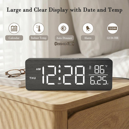 DreamSky Wooden Digital Alarm Clock with Date & Day of Week for Bedroom