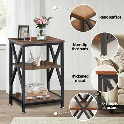 End Tables with Storage Shelf, 12" Deep x 16" Wide x 24" High, Small Side Table 3-Tier, End Tables Living Room Farmhouse, X-Shaped Night Stands for Bedrooms Bedside Tables, End Table Wood and Metal