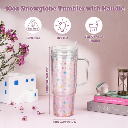 40 Oz Snow Globe Tumbler Supplies 4 Pack Acrylic Snowglobe Tumblers Cups with Handle Clear Pre-Drilled Double Wall Snow Globe Tumbler Starter Kit for DIY Glitter Tumblers