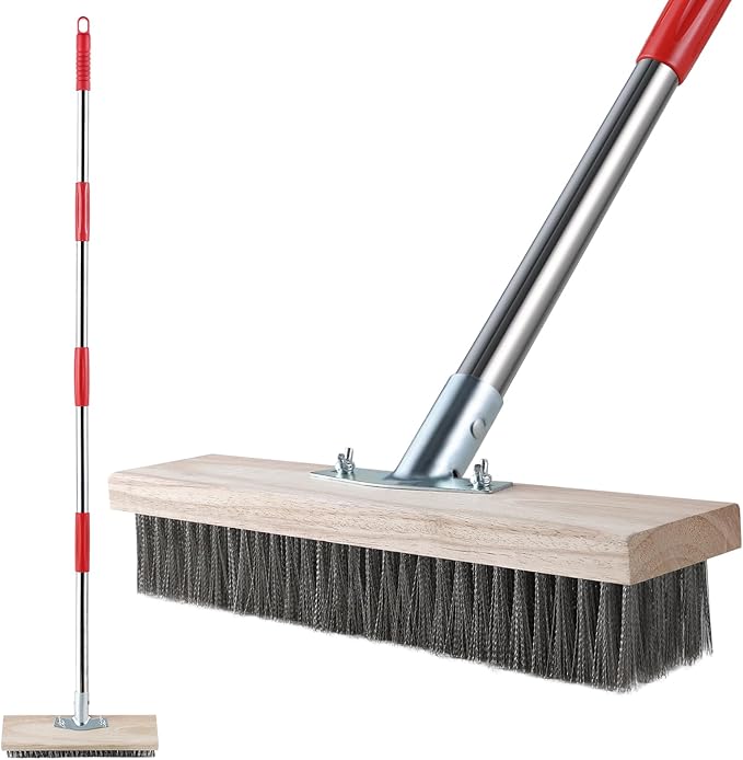 Heavy Duty Wire Broom with Telescopic Handle, Stiff Metal Bristle Brush