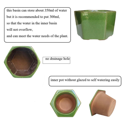Dphagesy African Violet Pots 6 inch Hexagon Self-Watering Ceramic Pots 4.50'' Opening(Green)