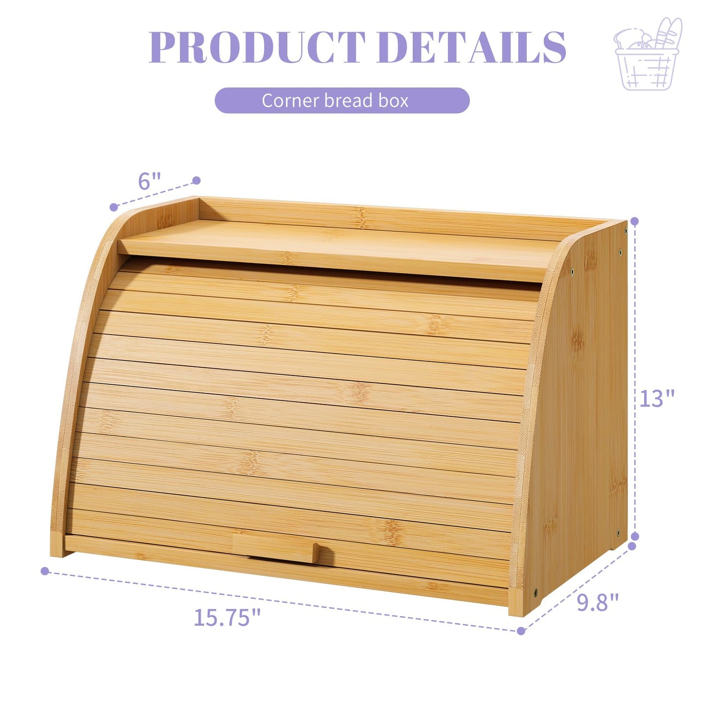 Wieghda Natural Bamboo Kitchen Storage Roll Top Bread Box,Bread box for Kitchen Countertop