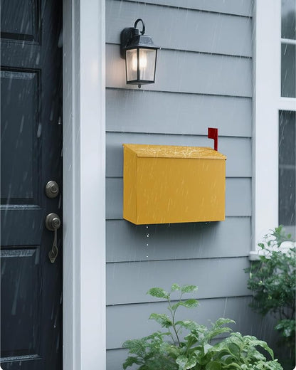 Wall-Mount Mailbox for Outside, Large Capacity Rust-Proof Mail Box with Stay-Open Lid & Red Flag Kit, Galvanized Steel Weather-Resistant Post Box for House Outside, 10.5"x4.3"x14.2", Yellow