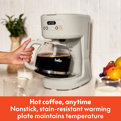 BELLA 12 Cup Programmable Coffee Marker, Reusable Dishwasher Safe Accessories, Easy LCD diaply, Auto Shutoff, 900 watt, Oatmilk