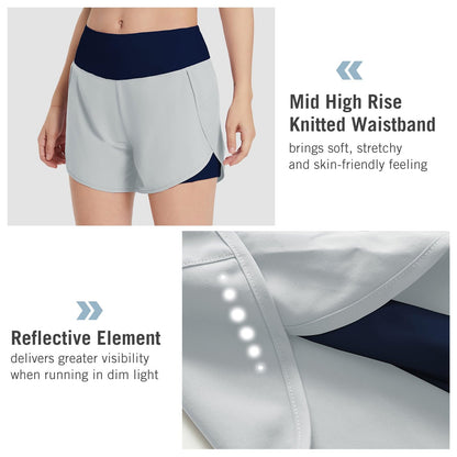 baleaf Athletic Running Shorts for Women with Pockets 2 in 1 Lightweight Quick-Dry Workout Active Yoga with Liner Light Grey S