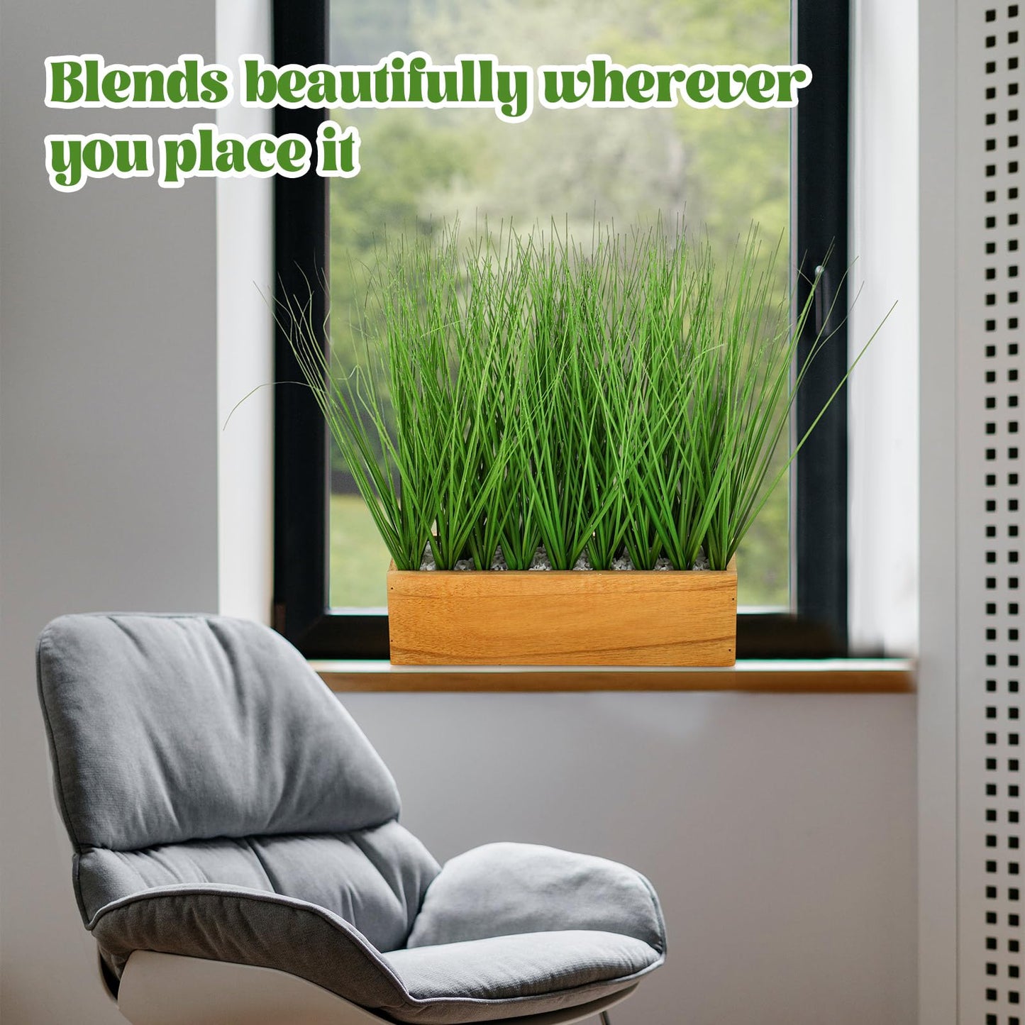 Luinabio 2 Pack 12 Inch Artificial Grass Plants in Acacia Solid Wood Planter Box Decorative Wooden Container with Faux Greenery Plant for Indoor Home Table Rustic Decor
