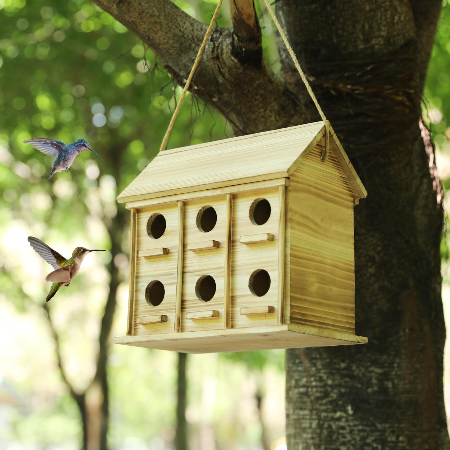 Wooden Bird Houses for Outside, 12 Rooms Hanging Bird House, Large Birdhouse for Wren Finch Bluebirds, Decorative Outdoor Bird Nesting Box