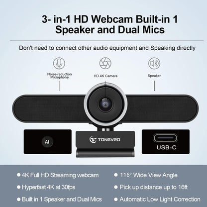 4K Webcam Conference Call TV Room Web Camera with Dual Microphones &Speaker, | All-in-One USB Video Camera, 116° Wide Angle, AI Auto Framing | Compatible with Zoom, OBS