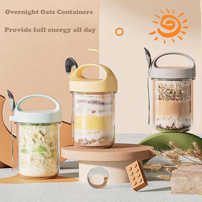 4Pack Overnight Oats Containers with Lids and Spoons,14 oz Airtight Oatmeal Container,Mason Jars with Lid for Cereal,Milk,Fruit,Yogurt,On The Go Container,Salad Jars,Glass Jars (Mixed Color)
