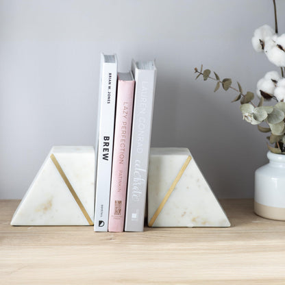 Cork & Mill Marble Book Ends for Shelves, Decorative Bookends for Heavy Books, Unique Mid Century Modern White and Gold Bookends with Brass Inlay, Heavy Duty Bookshelf Stopper, Set of 2
