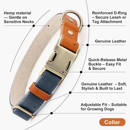 Plutus Pet Genuine Leather & Hemp Dog Collar – Adjustable Heavy Duty Pet Collar with Quick Release Metal Buckle, Soft & Stylish for Puppy and Small, Medium, Large Dogs (Blue, M)