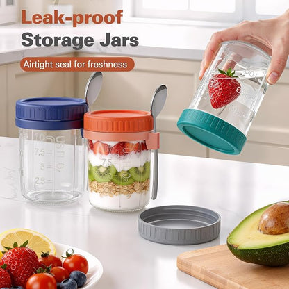 6 Pack Overnight Oats Containers with Lids and Spoons, 16 oz Airtight Oatmeal Container with Measurement Marks, Overnight Oats Jars for Cereal Fruit Vegetable Milk Salad Yogurt Meal Prep