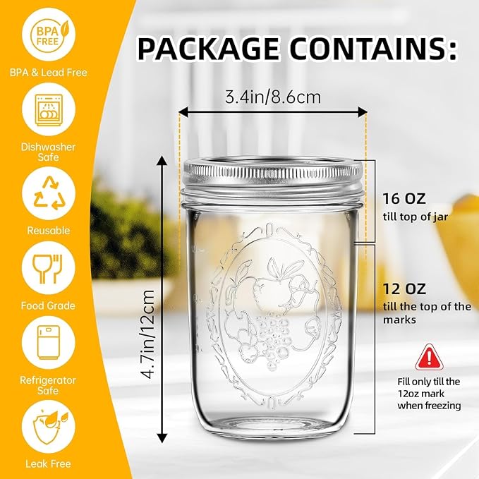 Miuyhji Mason Jars 16 oz with Lids, 12Pcs Wide Mouth Glass Canning Jars with Airtight Lids and Bands, Overnight Oats Containers for Pickling, Freezing, Preserving, Meal Prep, Jar Décor