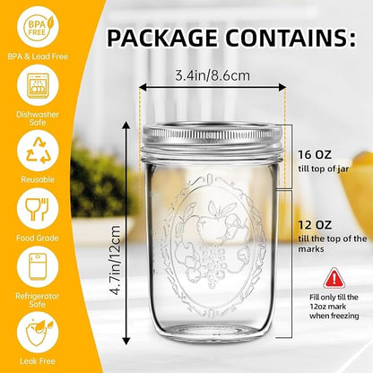 Miuyhji Mason Jars 16 oz with Lids, 12Pcs Wide Mouth Glass Canning Jars with Airtight Lids and Bands, Overnight Oats Containers for Pickling, Freezing, Preserving, Meal Prep, Jar Décor