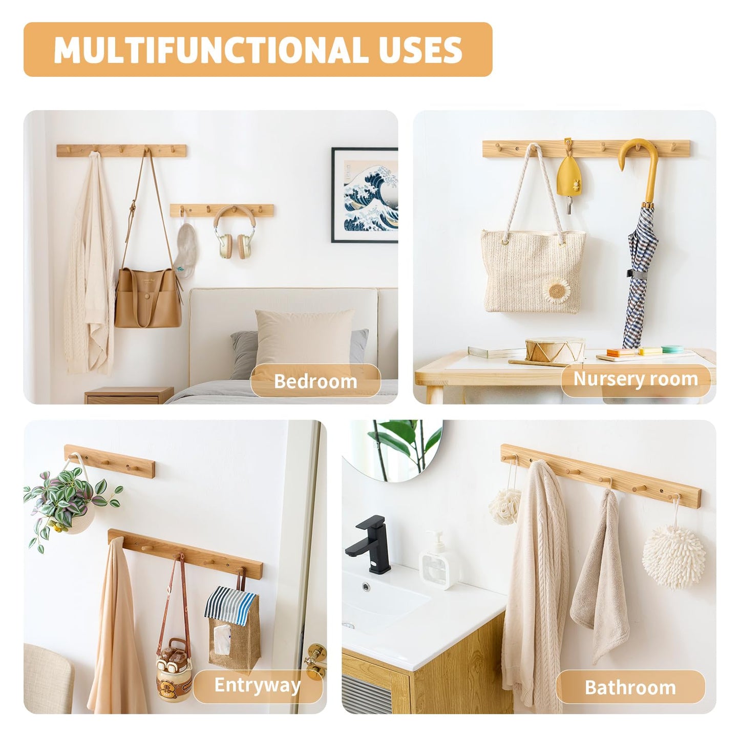 Wall Mounted Coat Rack 12 inches, Hickory Wood Wall Coat Hooks with 3 Hooks, Wooden Coat Hanger for Hanging Clothes Robes Towels Hats, Natural