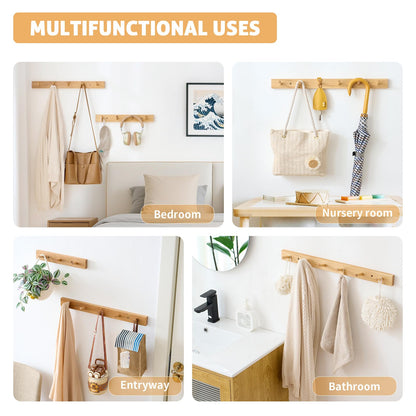 Wall Mounted Coat Rack 24 inches, Hickory Wood Wall Coat Hooks with 6 Hooks, Wooden Coat Hanger for Hanging Clothes Robes Towels Hats, Natural